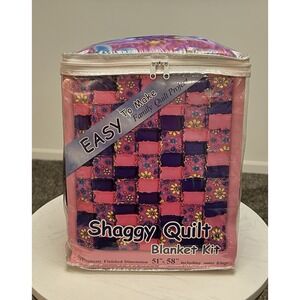 Vintage Shaggy Blanket Quilt Kit 51"x58" Pink Purple Floral Fringe